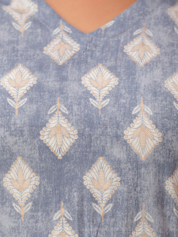 Floral Printed V-Neck Pure Cotton Pleated A-Line Kurti