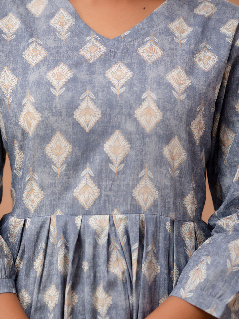 Floral Printed V-Neck Pure Cotton Pleated A-Line Kurti