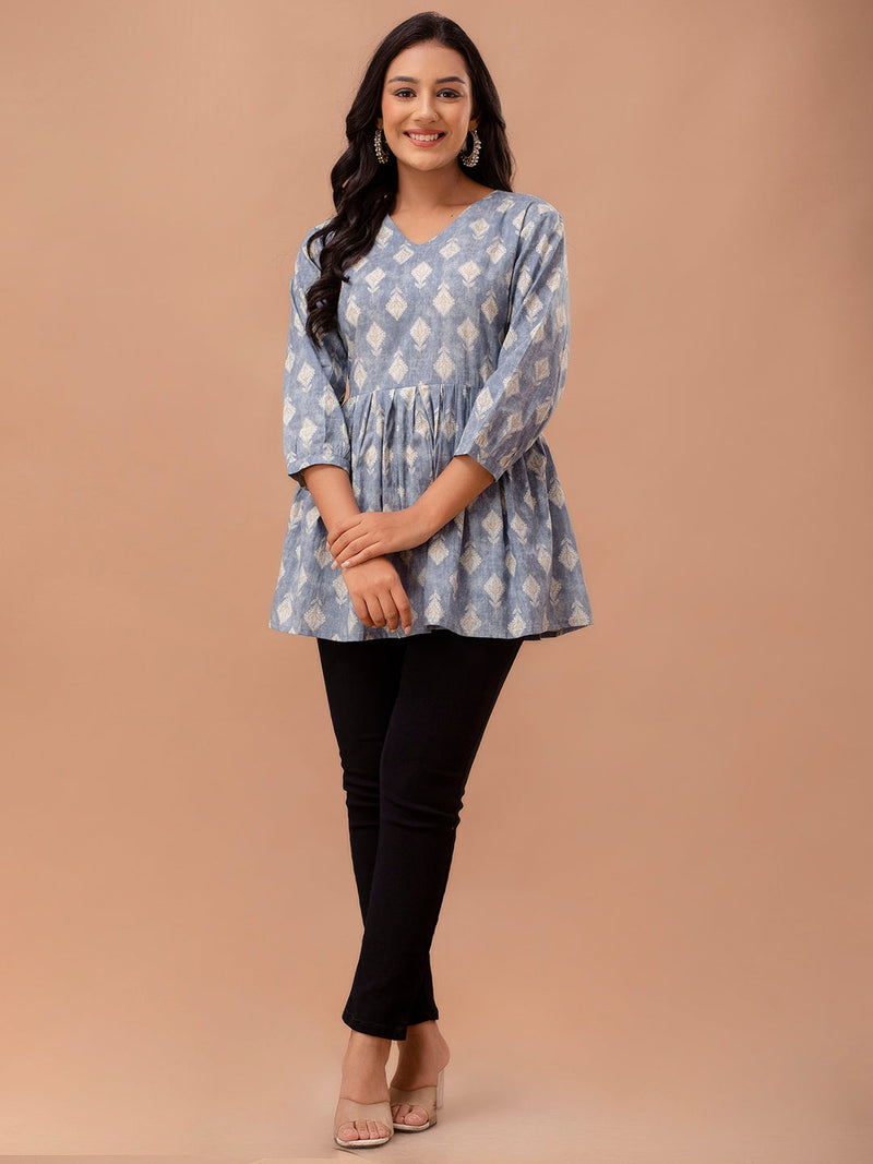 Floral Printed V-Neck Pure Cotton Pleated A-Line Kurti