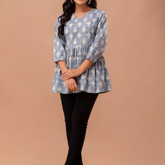 Floral Printed V-Neck Pure Cotton Pleated A-Line Kurti