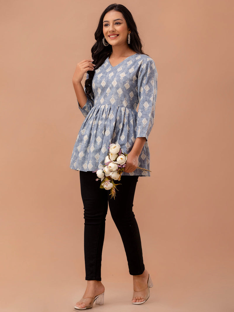 Floral Printed V-Neck Pure Cotton Pleated A-Line Kurti