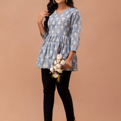 Floral Printed V-Neck Pure Cotton Pleated A-Line Kurti