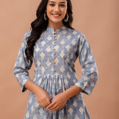Floral Printed Pure Cotton Pleated A-Line Kurti