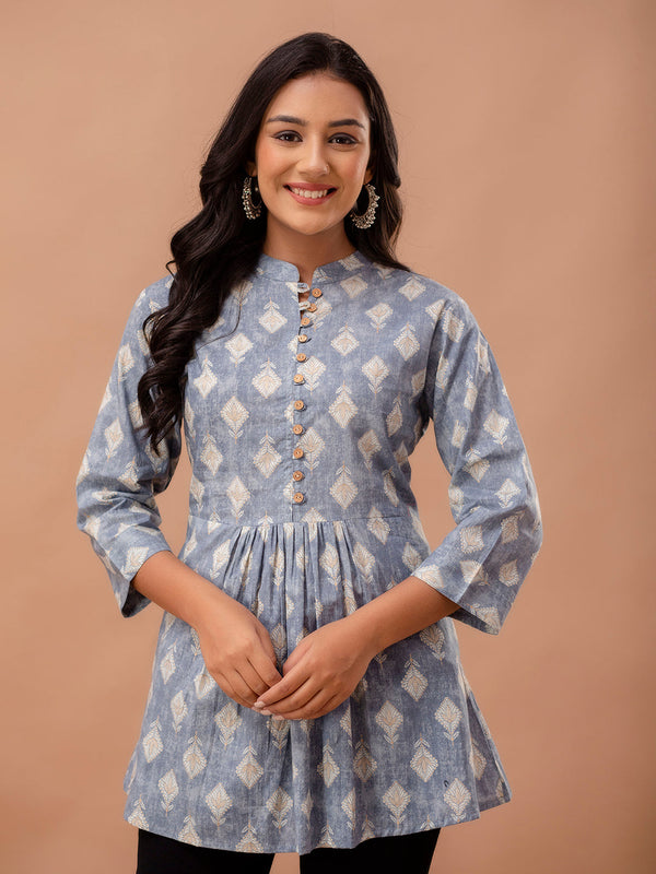 Floral Printed Pure Cotton Pleated A-Line Kurti