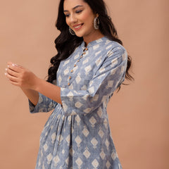 Floral Printed Pure Cotton Pleated A-Line Kurti