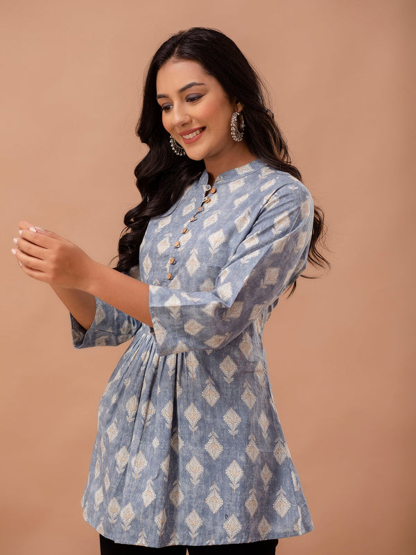 Floral Printed Pure Cotton Pleated A-Line Kurti