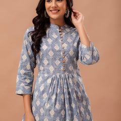 Floral Printed Pure Cotton Pleated A-Line Kurti