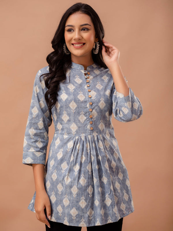 Floral Printed Pure Cotton Pleated A-Line Kurti