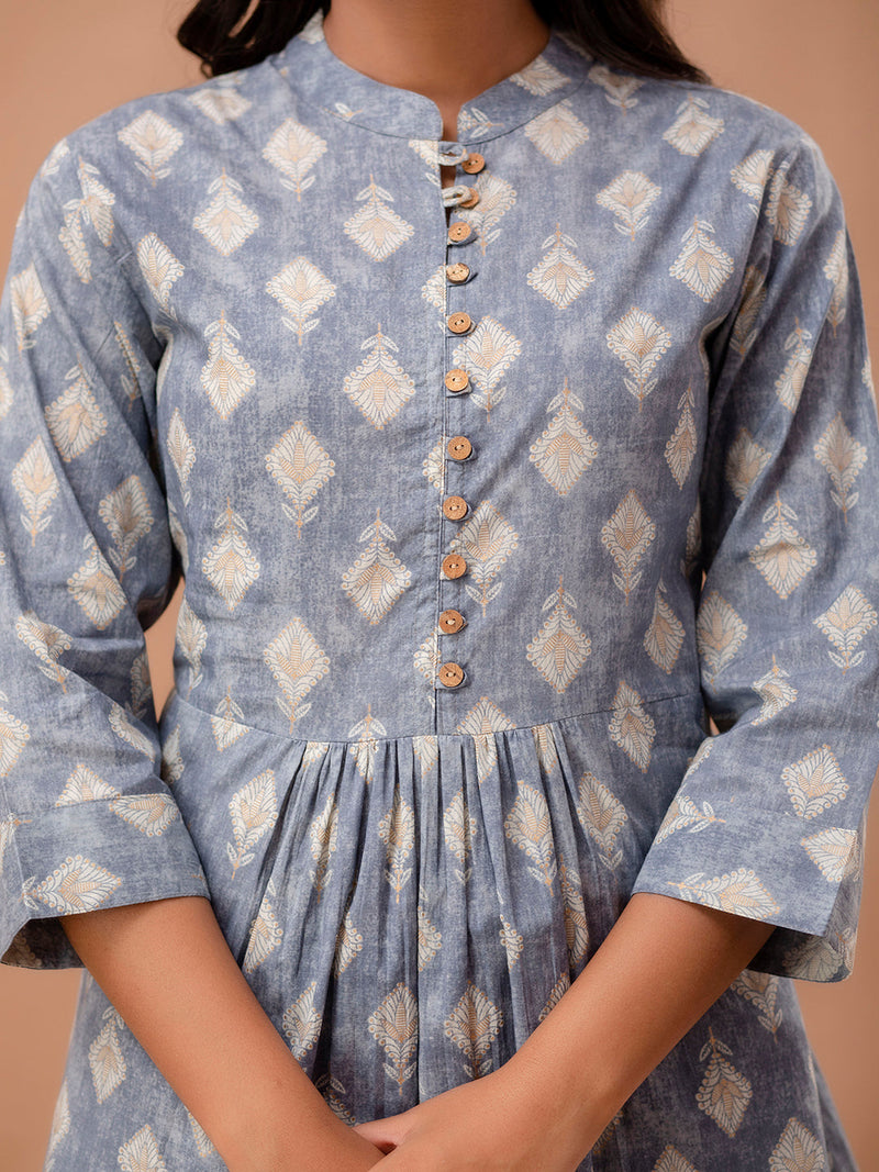 Floral Printed Pure Cotton Pleated A-Line Kurti