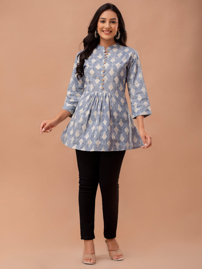 Floral Printed Pure Cotton Pleated A-Line Kurti