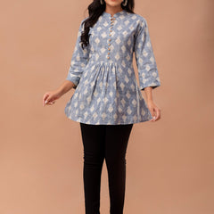 Floral Printed Pure Cotton Pleated A-Line Kurti
