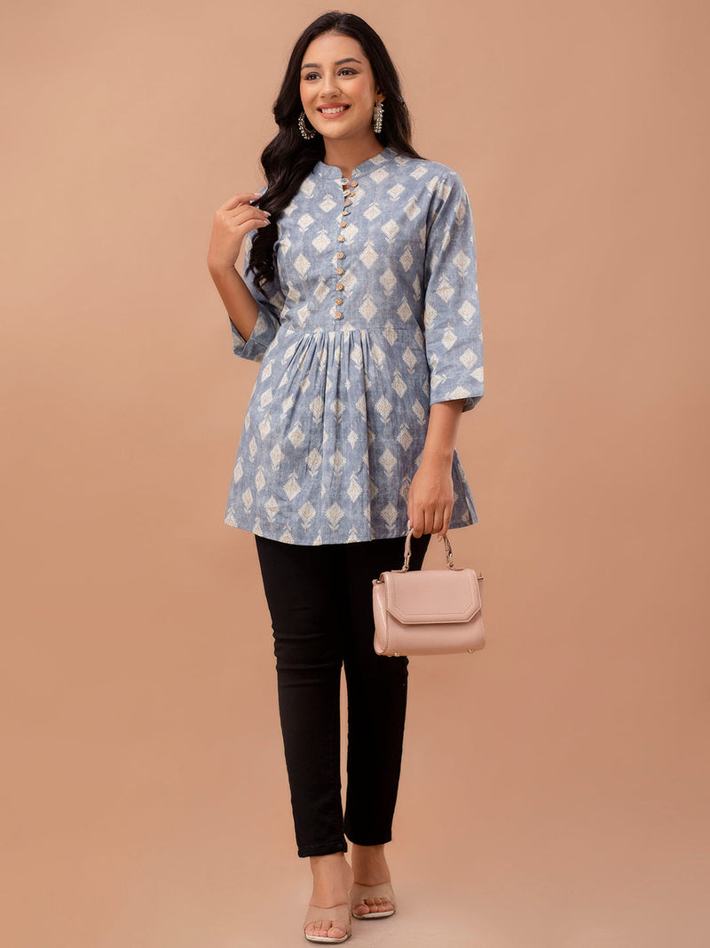 Floral Printed Pure Cotton Pleated A-Line Kurti