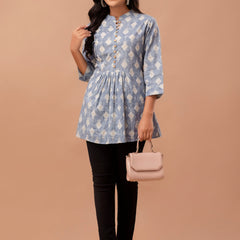Floral Printed Pure Cotton Pleated A-Line Kurti