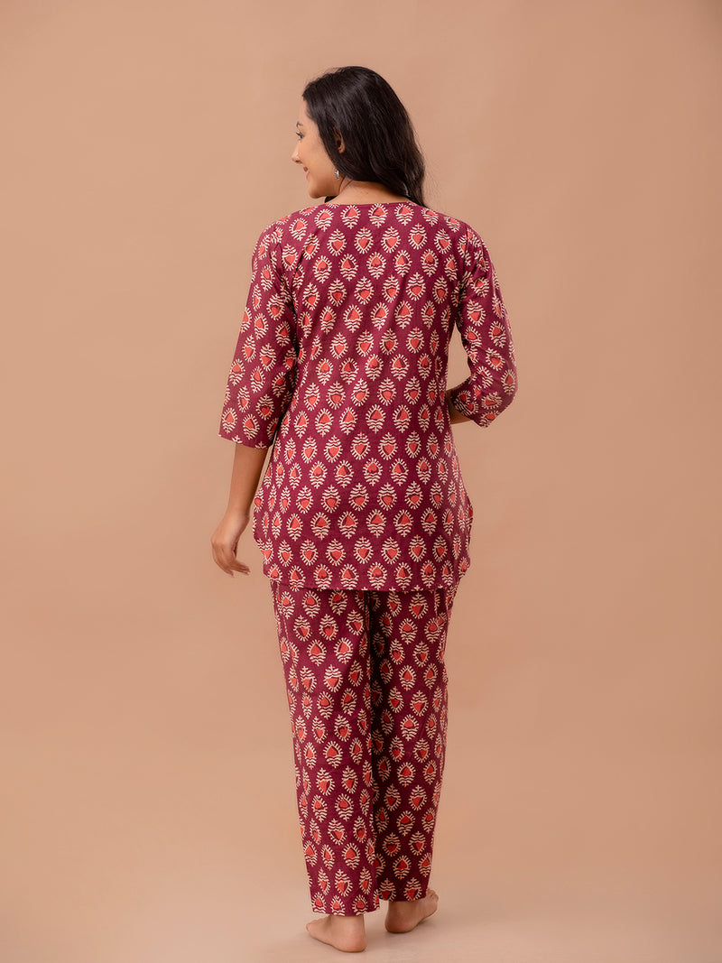 Maroon Printed Cotton Night Suit with V-Neck Kurti & Ankle-Length Pants