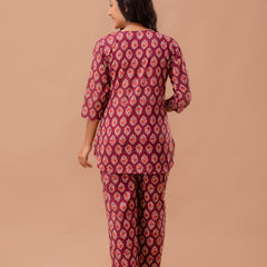 Maroon Printed Cotton Night Suit with V-Neck Kurti & Ankle-Length Pants
