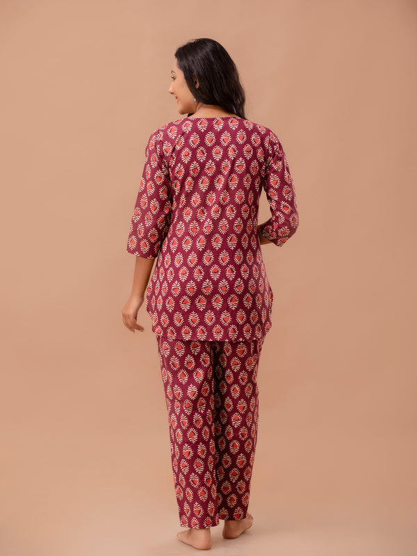 Maroon Printed Cotton Night Suit with V-Neck Kurti & Ankle-Length Pants