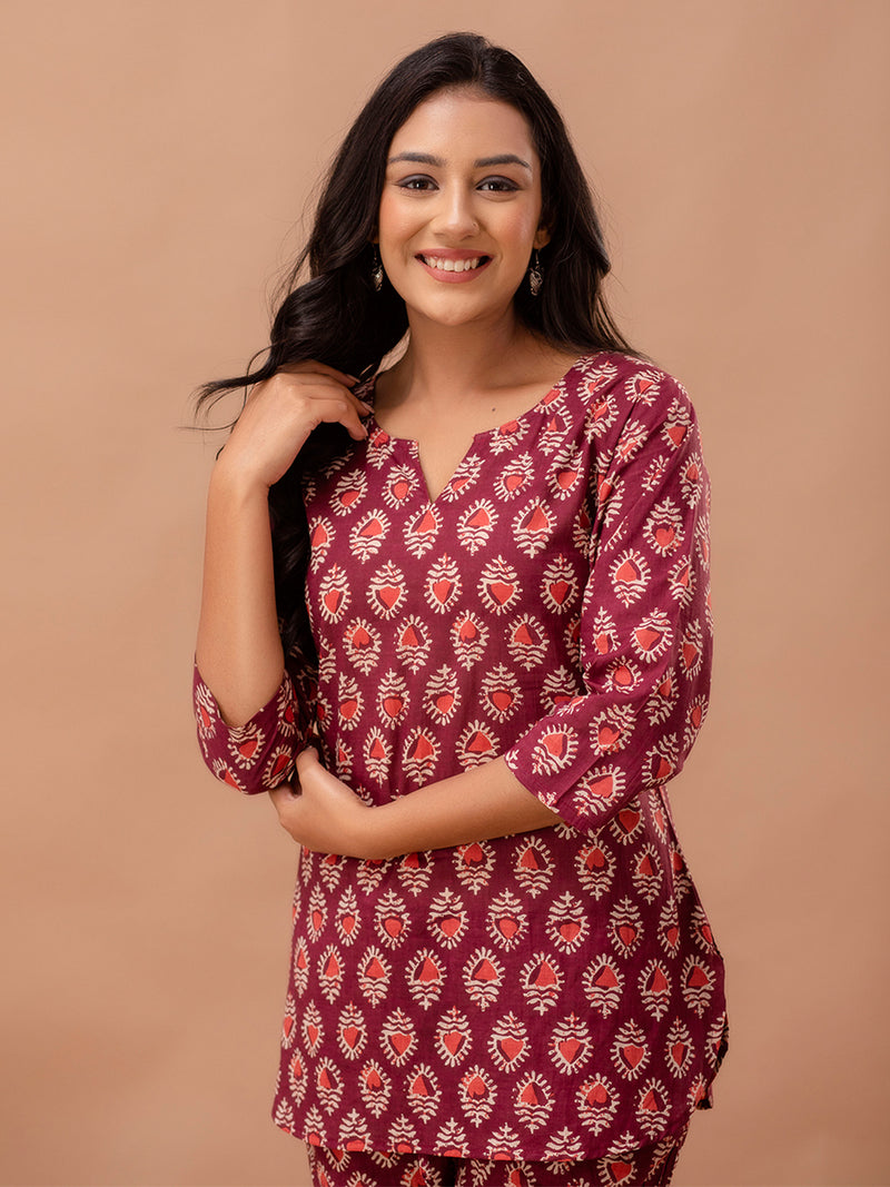 Maroon Printed Cotton Night Suit with V-Neck Kurti & Ankle-Length Pants