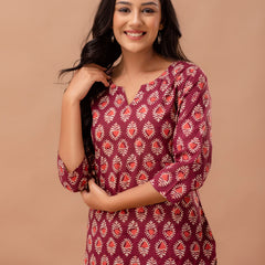 Maroon Printed Cotton Night Suit with V-Neck Kurti & Ankle-Length Pants