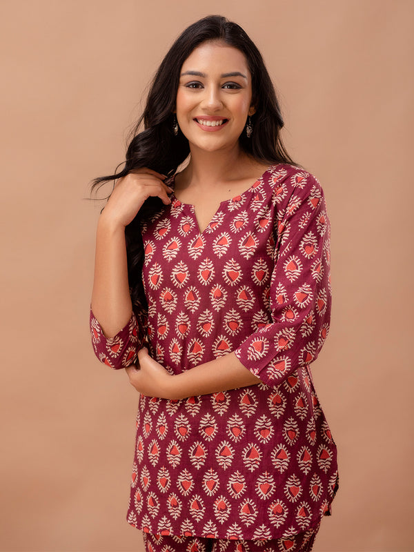 Maroon Printed Cotton Night Suit with V-Neck Kurti & Ankle-Length Pants