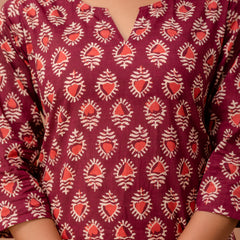 Maroon Printed Cotton Night Suit with V-Neck Kurti & Ankle-Length Pants