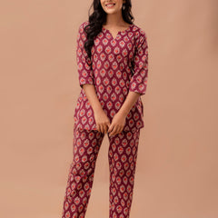 Maroon Printed Cotton Night Suit with V-Neck Kurti & Ankle-Length Pants