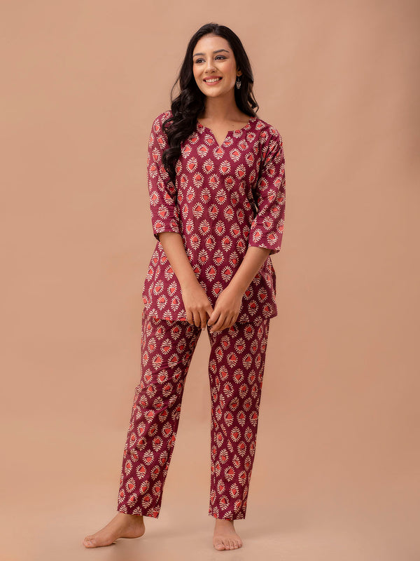 Maroon Printed Cotton Night Suit with V-Neck Kurti & Ankle-Length Pants