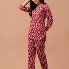 Maroon Printed Cotton Night Suit with V-Neck Kurti & Ankle-Length Pants
