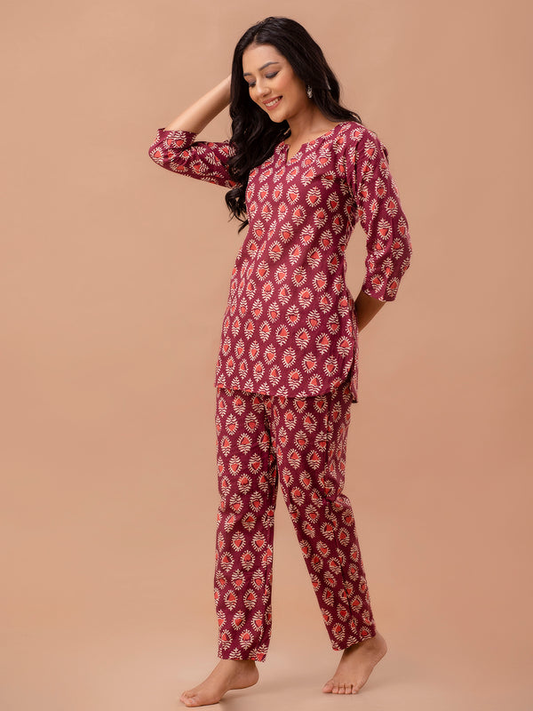 Maroon Printed Cotton Night Suit with V-Neck Kurti & Ankle-Length Pants