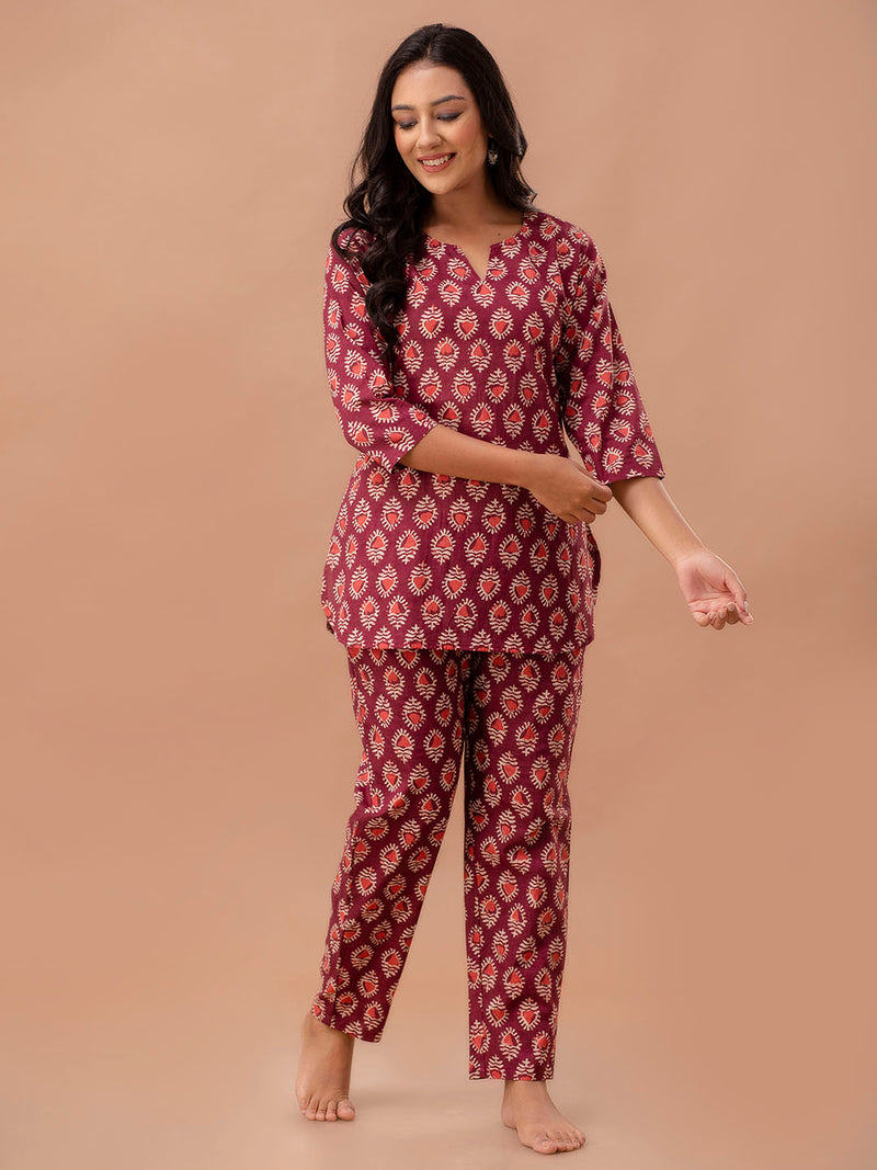 Maroon Printed Cotton Night Suit with V-Neck Kurti & Ankle-Length Pants