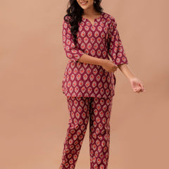 Maroon Printed Cotton Night Suit with V-Neck Kurti & Ankle-Length Pants
