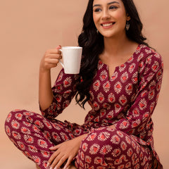 Maroon Printed Cotton Night Suit with V-Neck Kurti & Ankle-Length Pants