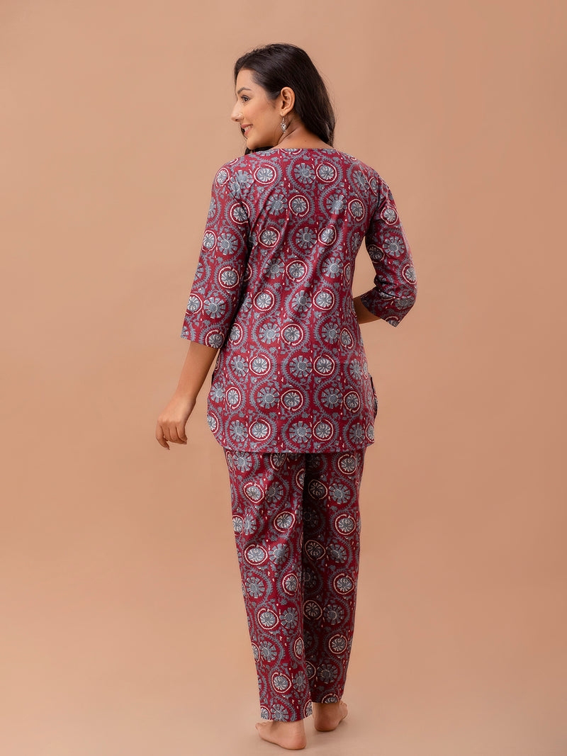Red Printed Cotton Night Suit with V-Neck Kurti & Ankle-Length Pants