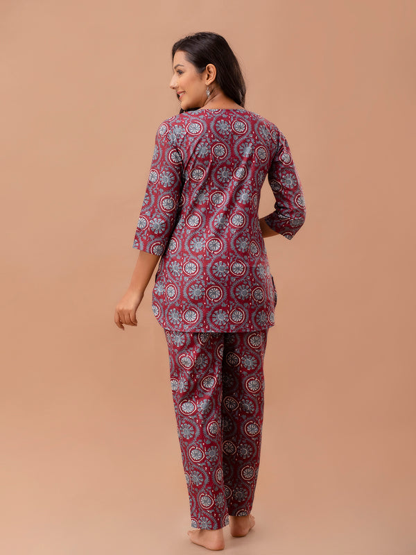 Red Printed Cotton Night Suit with V-Neck Kurti & Ankle-Length Pants