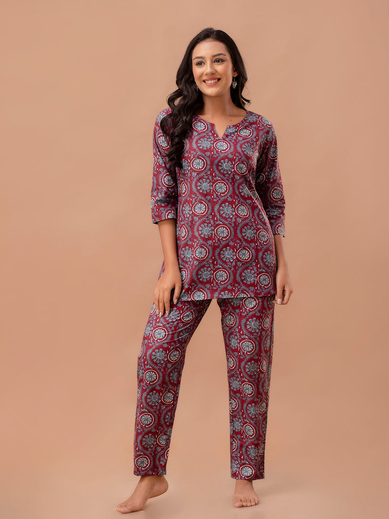 Red Printed Cotton Night Suit with V-Neck Kurti & Ankle-Length Pants