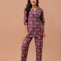 Red Printed Cotton Night Suit with V-Neck Kurti & Ankle-Length Pants