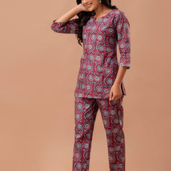Red Printed Cotton Night Suit with V-Neck Kurti & Ankle-Length Pants