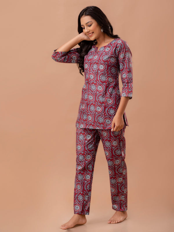 Red Printed Cotton Night Suit with V-Neck Kurti & Ankle-Length Pants