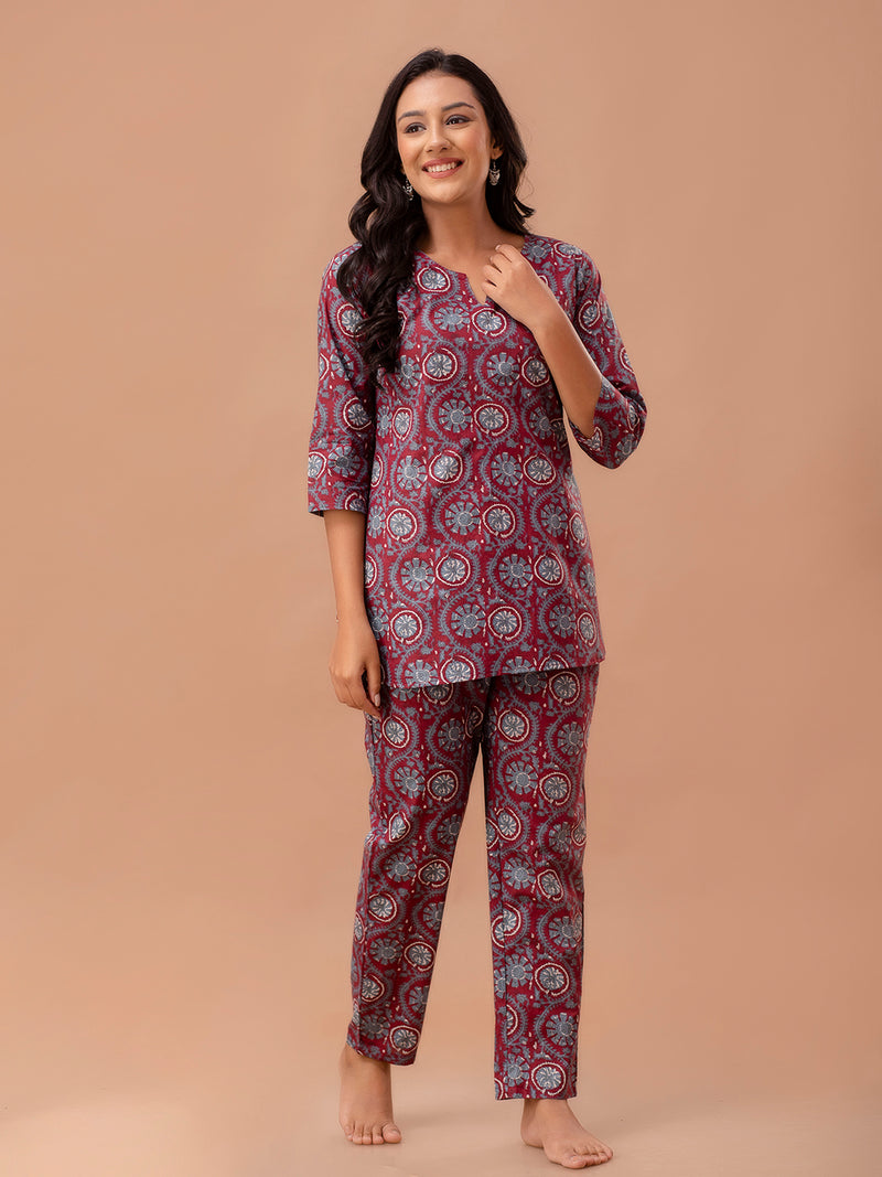 Red Printed Cotton Night Suit with V-Neck Kurti & Ankle-Length Pants