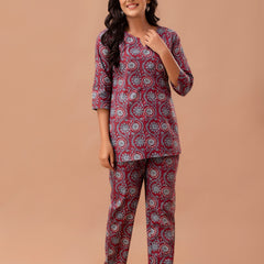 Red Printed Cotton Night Suit with V-Neck Kurti & Ankle-Length Pants