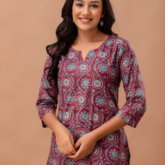 Red Printed Cotton Night Suit with V-Neck Kurti & Ankle-Length Pants