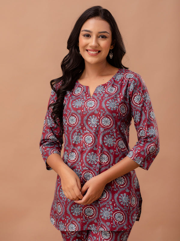 Red Printed Cotton Night Suit with V-Neck Kurti & Ankle-Length Pants