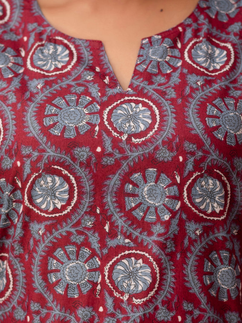 Red Printed Cotton Night Suit with V-Neck Kurti & Ankle-Length Pants