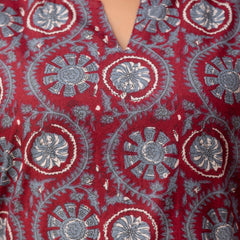 Red Printed Cotton Night Suit with V-Neck Kurti & Ankle-Length Pants