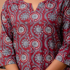 Red Printed Cotton Night Suit with V-Neck Kurti & Ankle-Length Pants