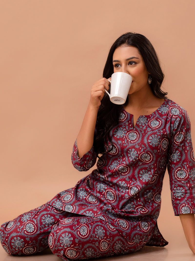 Red Printed Cotton Night Suit with V-Neck Kurti & Ankle-Length Pants
