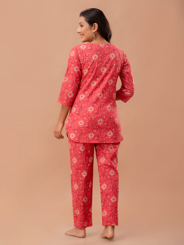 Red Printed Cotton Night Suit with V-Neck Kurti & Ankle-Length Pants