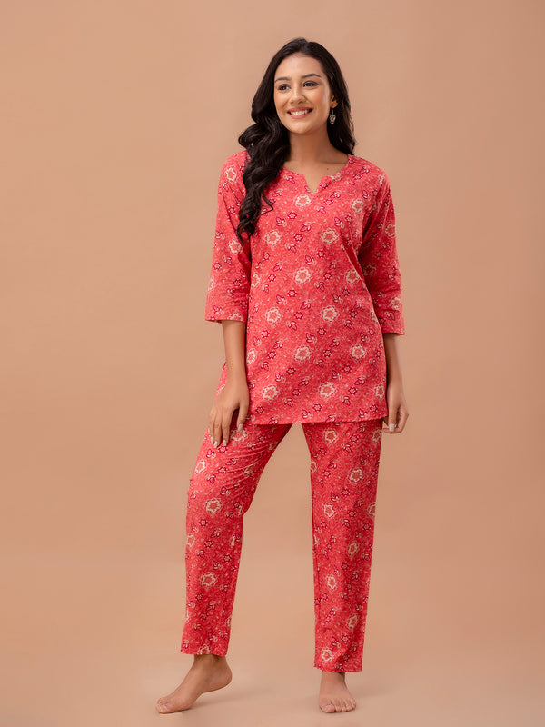 Red Printed Cotton Night Suit with V-Neck Kurti & Ankle-Length Pants