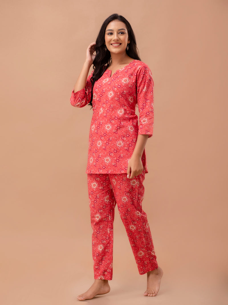 Red Printed Cotton Night Suit with V-Neck Kurti & Ankle-Length Pants