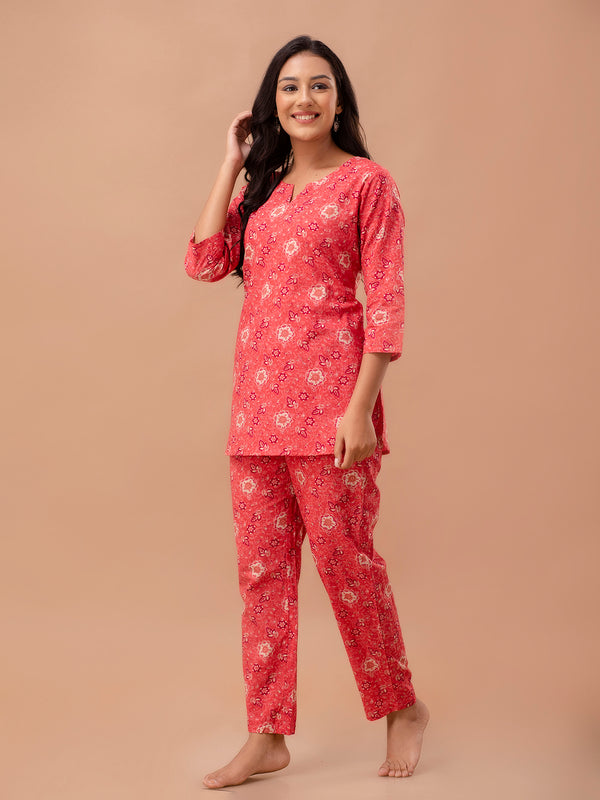 Red Printed Cotton Night Suit with V-Neck Kurti & Ankle-Length Pants