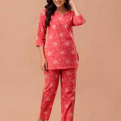 Red Printed Cotton Night Suit with V-Neck Kurti & Ankle-Length Pants